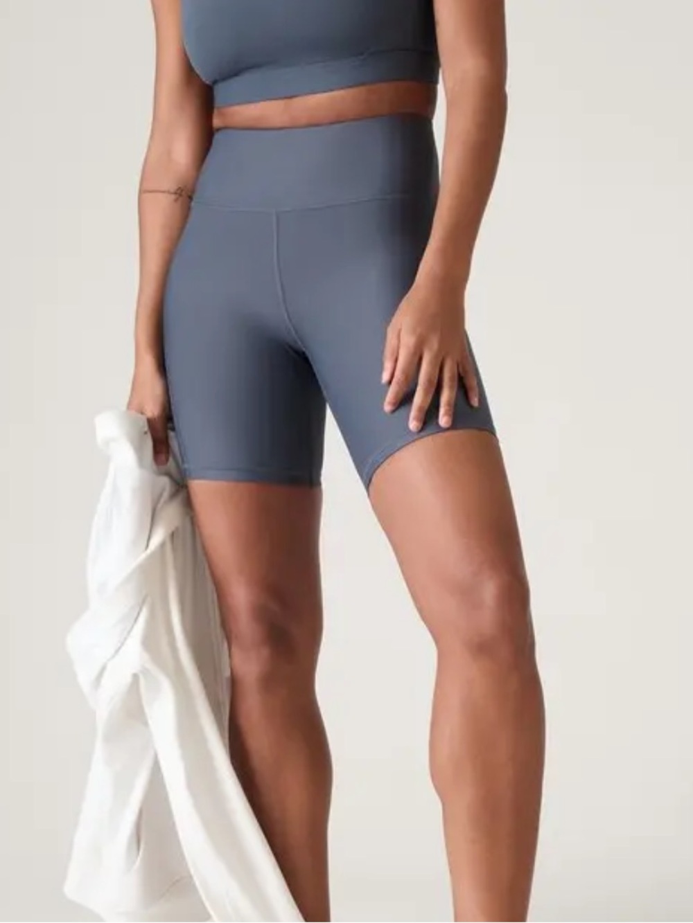 Athleta Interval Stash 7" Bike Short Granite Blue High Rise Athletic Pockets